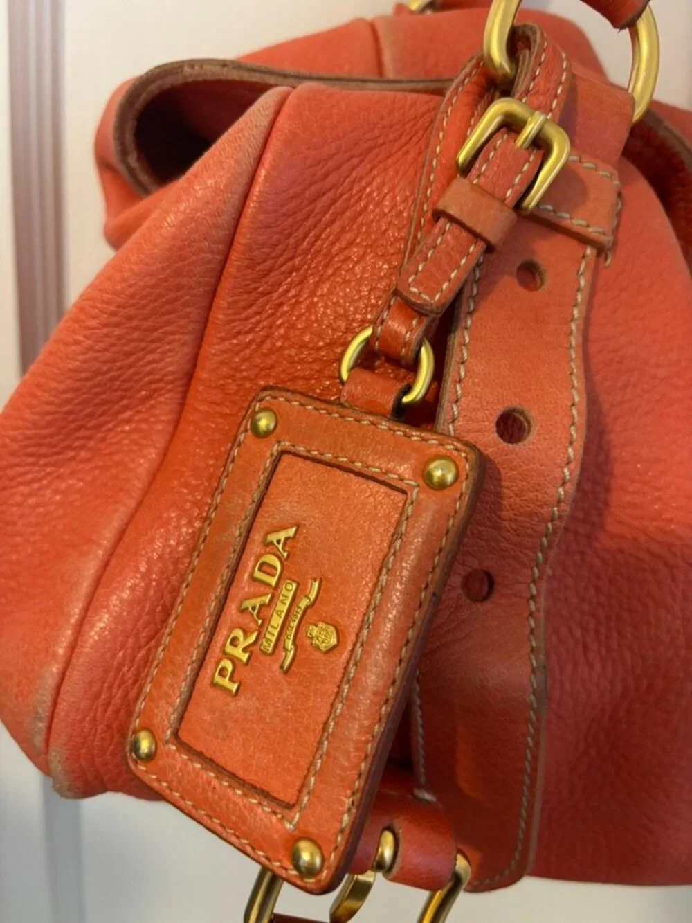 Vintage Prada Original Deerskin Leather Satchel Coral/Red (Faded Edges)